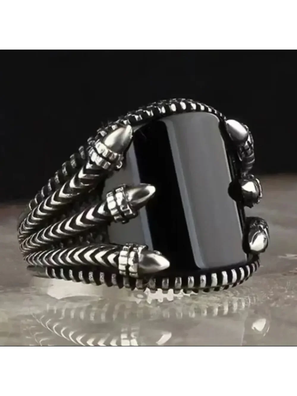 Black Gemstone Silvertone Eagle Claw Men's Ring